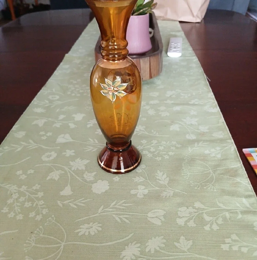 Amber Glass Vase with Hand-Painted Floral Detail Bohehian Glass